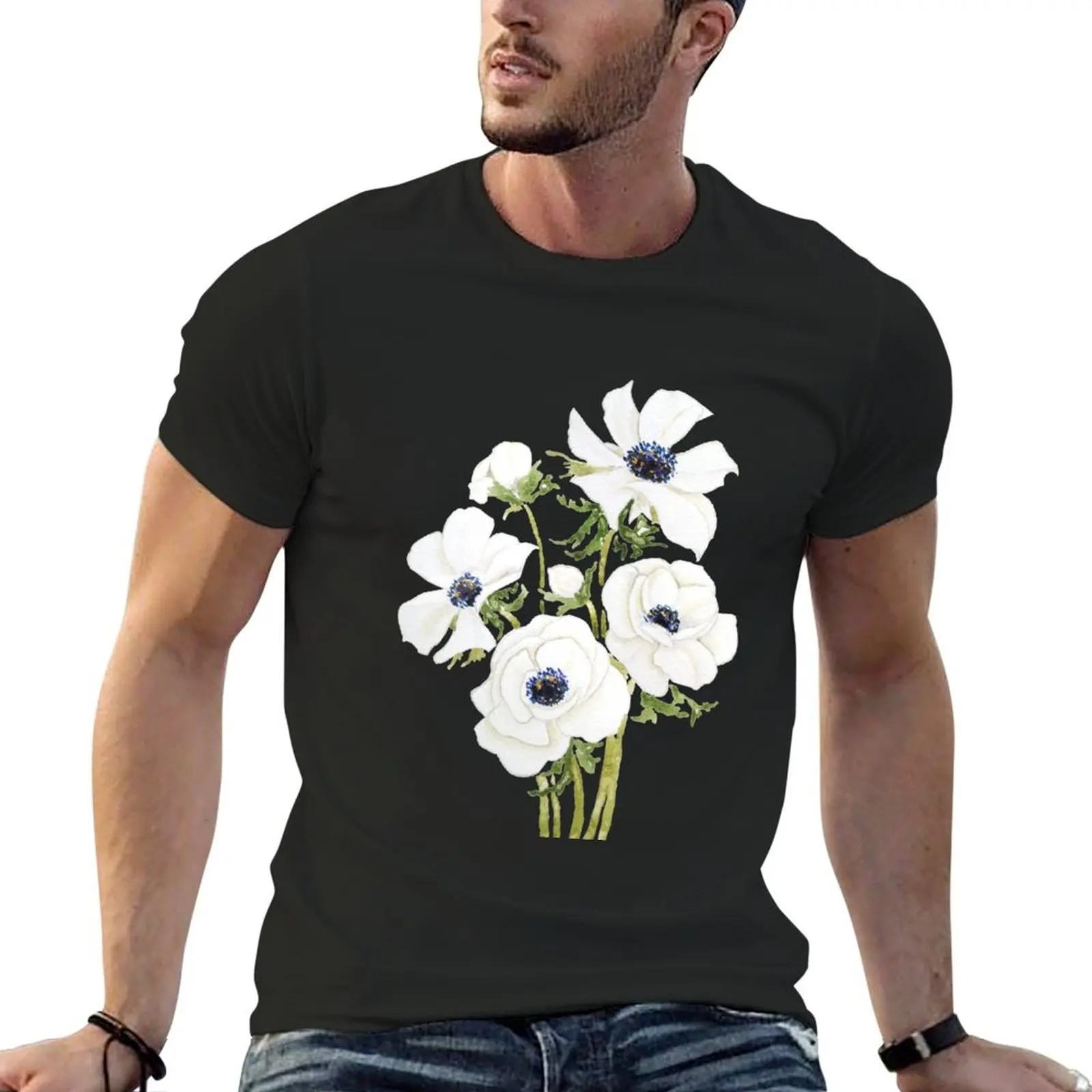 

hand painted white anemone flower watercolor painting T-Shirt cute tops cotton graphic tees plus size men clothing