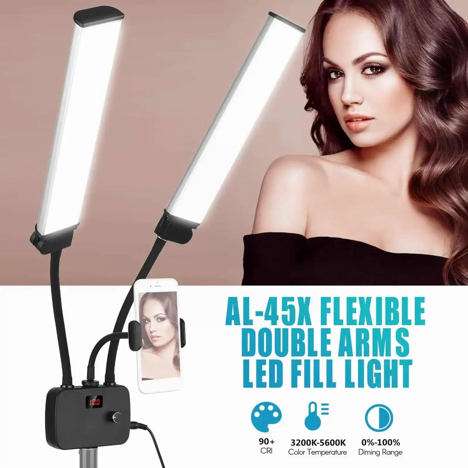 45W LED Video Light Flexible Double Arms Dimmable Fill Light Lamp with Phone Holder for Makeup Live Stream 3200K-4500K-5600K