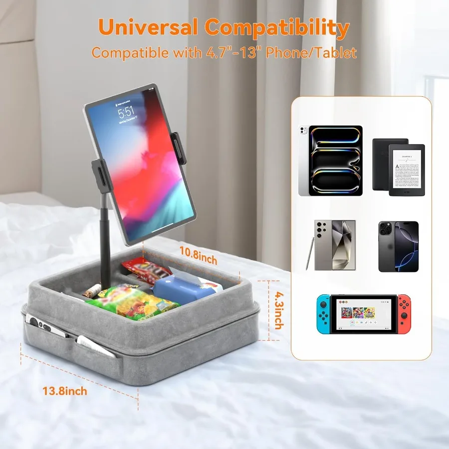 KDDタブレットピローホルダー360度調整可能iPadピロースタンド、膝上、ベッド、デスク用、グースネックタブレットソフトパッドドック、収納トレイ付き