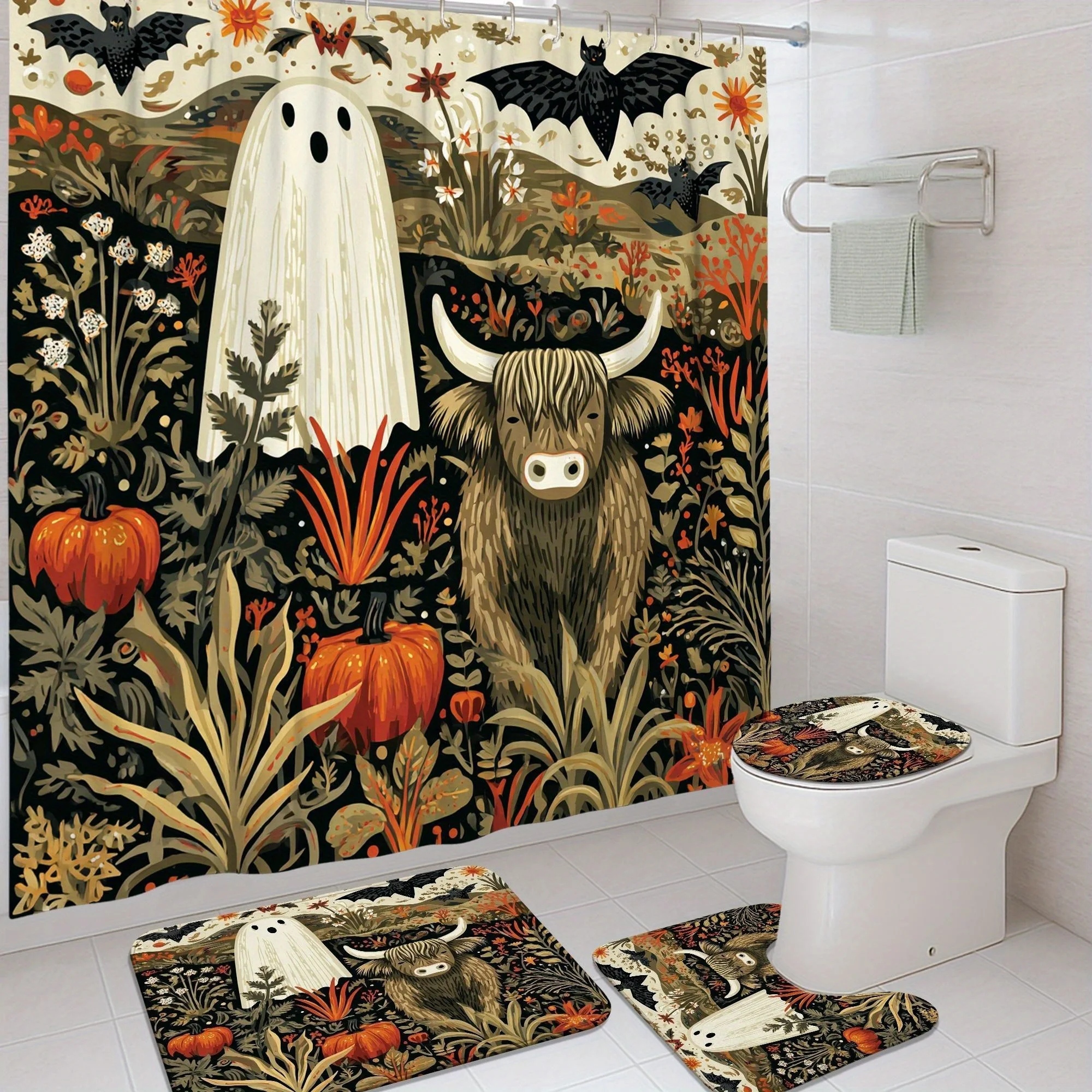 

Набор из 4 занавесок для душа на Хэллоуин — черный и оранжевый призрак, корова, тыква и цветочный дизайн с крючками, полиэфирная ткань, машина