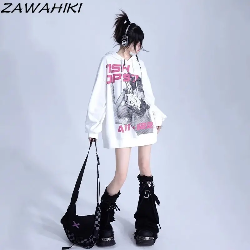 Hoodies Women American Retro Letter Grunge Graphic Print Fall Winter Y2K Top New Arrive Loose Oversize All Match Kpop Streetwear