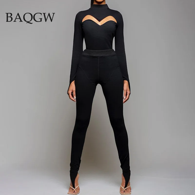 Autum Long Sleeve Knitted Sweatsuit Women Hollow Out Long Sleeve Tops and Leggings Two Piece Set Sports Workout Matching Sets