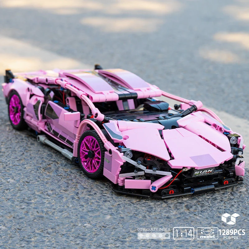 1280 pz tecnico 1:14 rosa Sian Racing Sports Car Building Blocks assemblare mattoni veicolo giocattoli regalo per ragazzo bambini