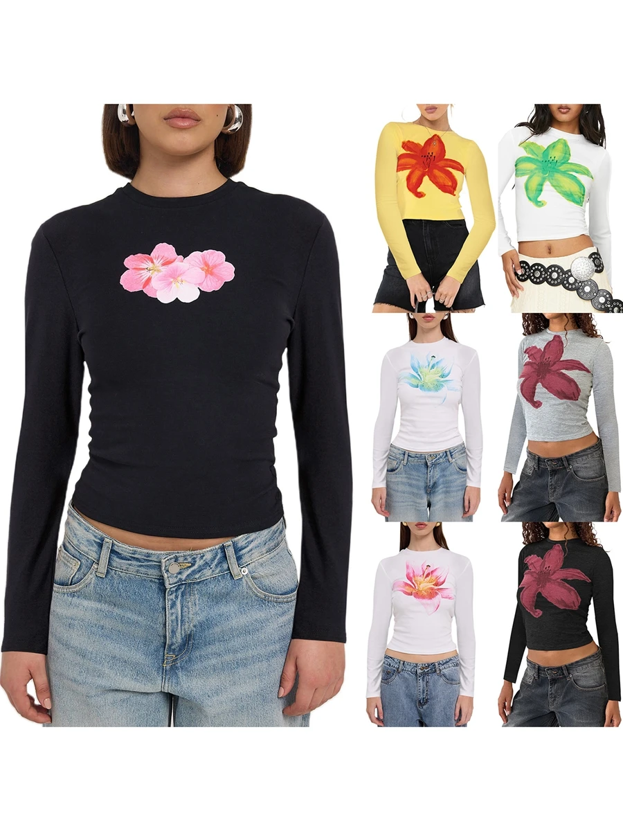 2024 Early Autumn Women's Slim Flower Print Tops Y2K Girl Round Neck Long Sleeve Casual Pullover T-shirt for Spring Streetwear