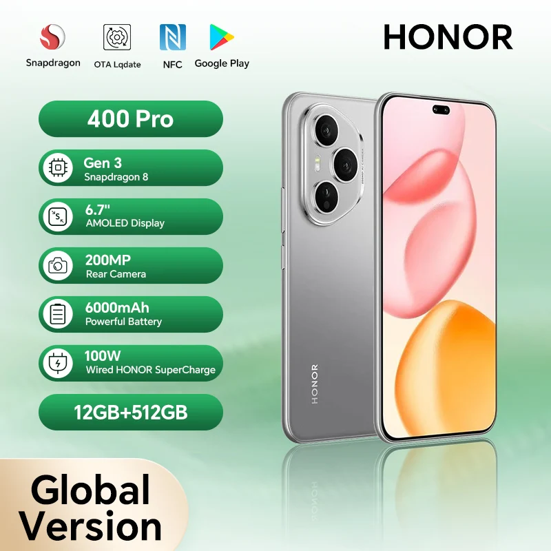 2025 Новый смартфон HONOR 400 Pro 5G Global Version, 200 МП, основная камера AI, 6,7-дюймовый AMOLED-экран, 6000 мАч, 100 Вт, проводной, 50 Вт, беспроводной