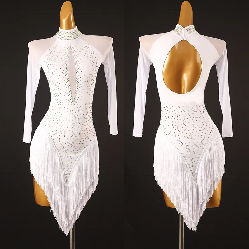 2023 New Latin Dance Dress For Women White Rhinestones Tassel Dress Female Adult Chacha Latin Dance Competition Clothes DQL8671