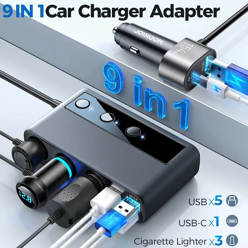 Joyroom 154W 9 in 1Car Charger Adapter PD 3 Socket Cigarette Lighter Splitter Charge Independent Switches DC Cigarette Outlet