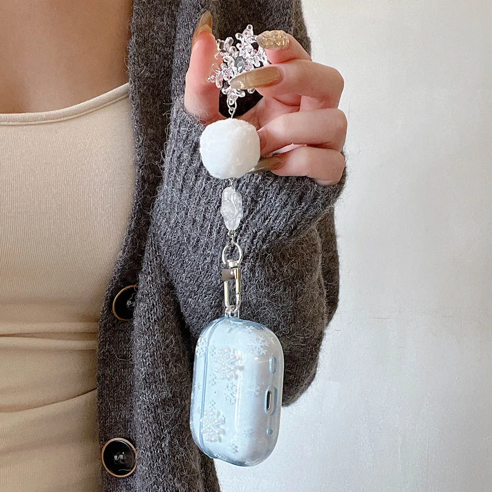 Korea 3D White Snowflakes Pendant Key chain Case Cover for AirPods 4 3 2 1 AirPods Pro 2nd Blue Transparent IMD Earphone Funda