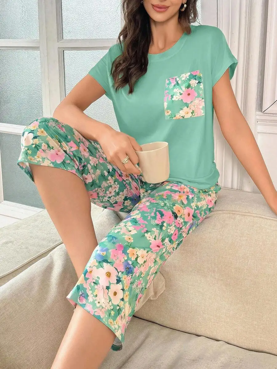 

Women Floral Print Pajama Set Summer Lounge Wear Short Sleeve Sleepwear Comfortable Cotton Blend