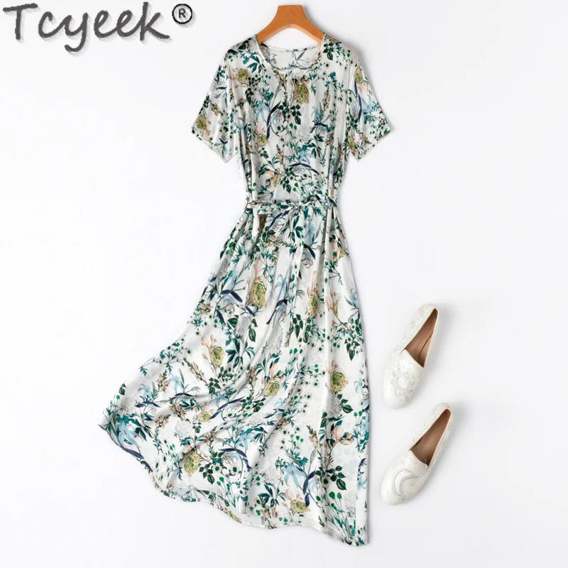 

Tcyeek 92% Mulberry Silk Midi Dresses for Women Print Sweet Dress Short Sleeve Women's Elegant Dresses Summer Clothes Vestido