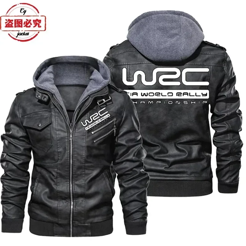 

European Size New hooded leather jacket World Championship WRC logo printed pu leather jacket windproof high-end men's jacket