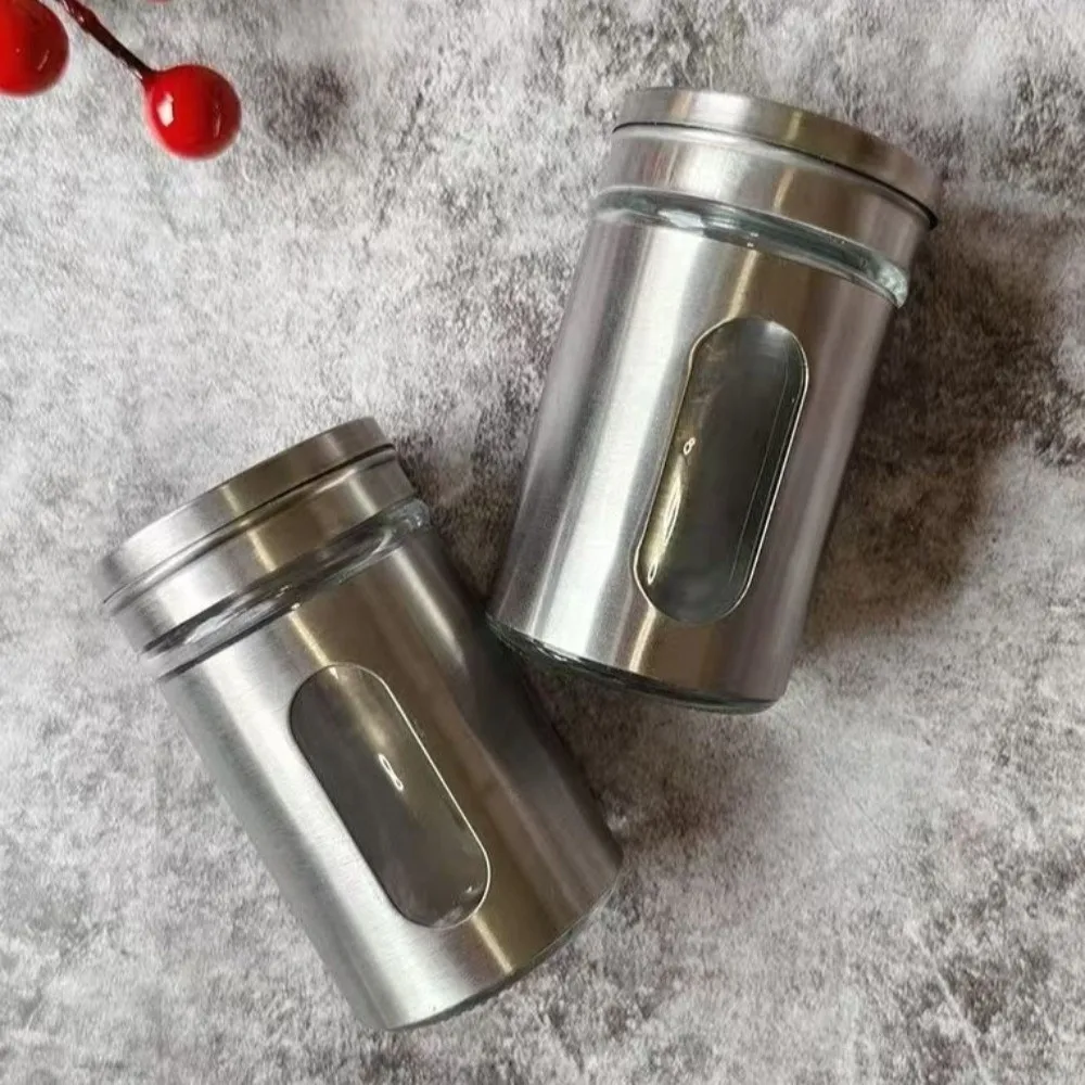 Portable Stainless Steel Seasoning Jars Visiable Glass Spreading Bottle Multifunction Rotating Spice Shaker Kitchen Organizer