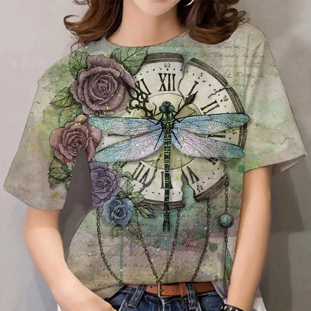 Summer Dragonfly 3D Printed T-Shirts Woman Fashion Harajuku Tees Tops Short Sleeve T Shirt Women's Oversized Streetwear Clothing