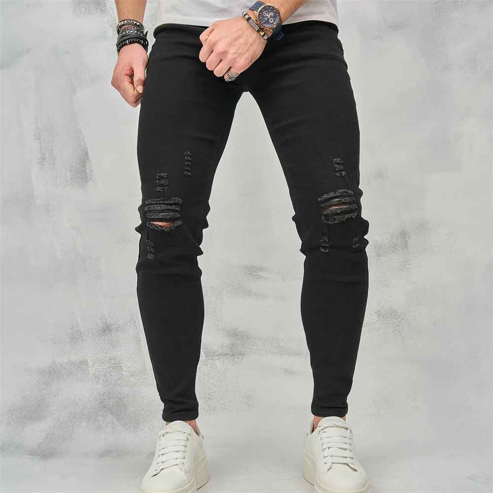 Men High Street Ripped Hip Hop Stylish Skinny Jeans Male Trousers High Quality Holes Casual Cotton Pencil Denim Pants