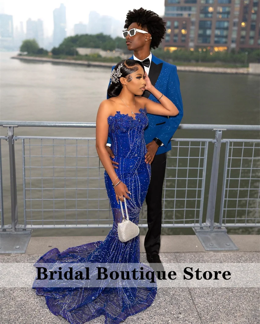 Glitter Royal Blue Mermaid Prom Dress 2025 Crystal Rhinestones Gems Bead Birthday Party Evening Gown Customized image 2