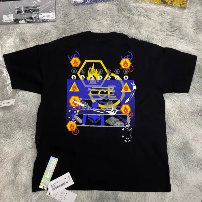 Summer Black White Couple Tees CAVEMPT Tshirts Tear Off Paper Splicing Flame Circuit Pattern Round Neck Short Sleeve Streetwear