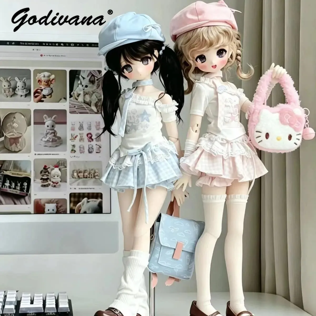 OB24/22 BJD doll clothes sweet and cute blue pink slanted shoulder short sleeves top and lace trim plaid skirt beret suit