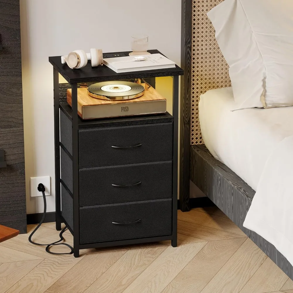 Night Stand with Charging Station, LED Nightstand with U-S-B Ports and Outlets, 3 Fabric Storage Drawers with PU Finish,