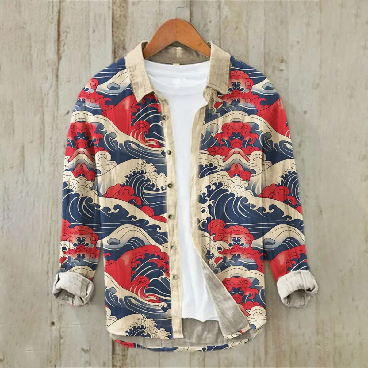 Linen Printed Long Sleeve Shirt Ocean Wave Traditional Pattern Art Hawaiian Shirt Men\'s Super Large Size S-6XL Fast Shipping