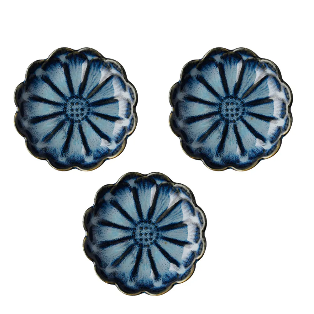 3pcs Sunflower Ceramic Sauce Dishes - Vintage Blue Dipping Bowls for Oil, Soy Sauce, Dressing