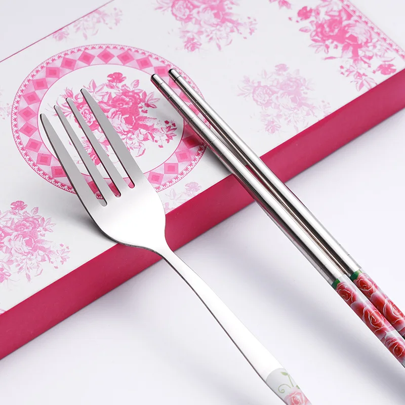 Chinese Style Creative Stainless Steel Tableware Gift Fork Spoon Chopsticks Flower Pattern Travel Portable Dinnerware 3PCs/Set