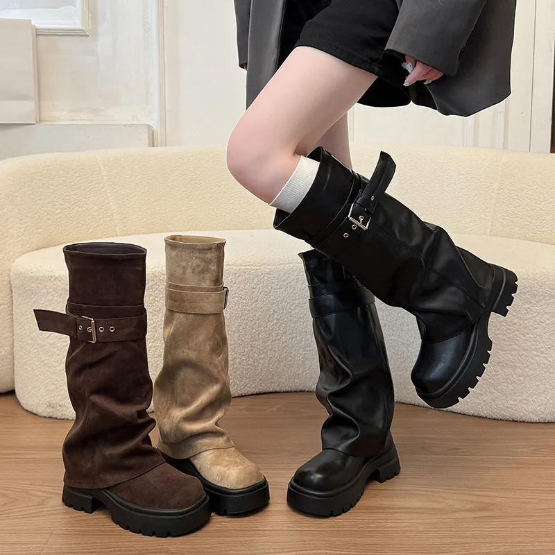 Women’s Boots Retro Belt Buckle Knee High Riding Boots Pant Boots Autumn Winter New Footwear Platform Slimming Versatile Shoes
