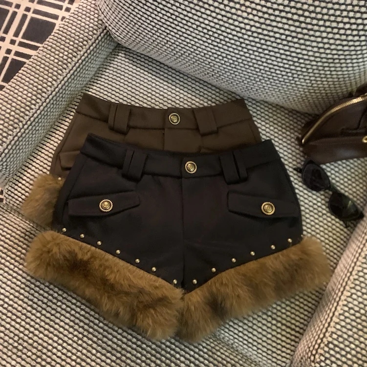 Women's Autumn Winter Faux Fur Hem Shorts Lady Streetwear Solid Color Fluffy Short Pants
