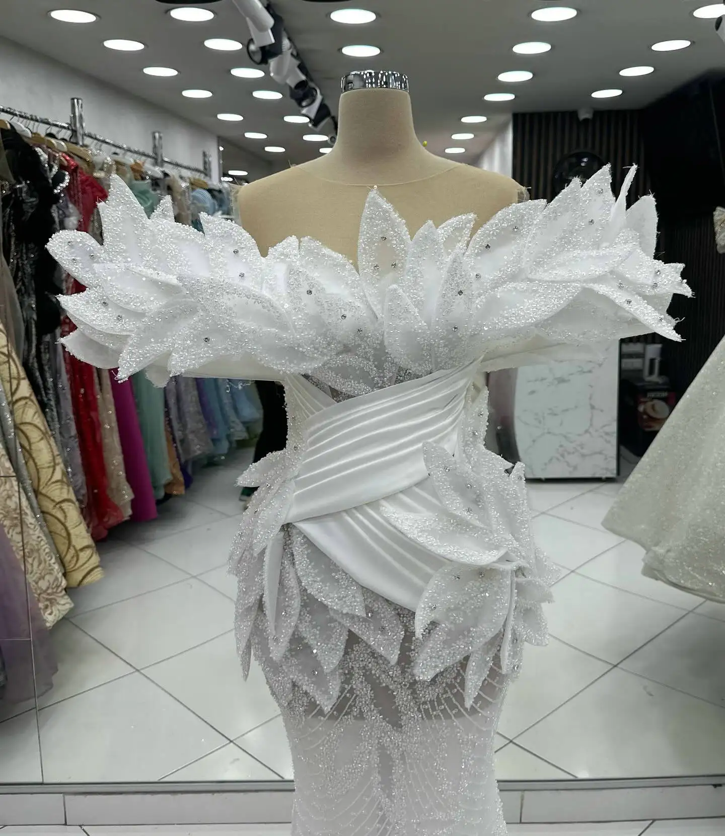 Glitter Off White 3D Leaf Design Off Shoulder Evening Dresses 2025 Formal Mermaid Gowns Elegant for Women Wedding Customized