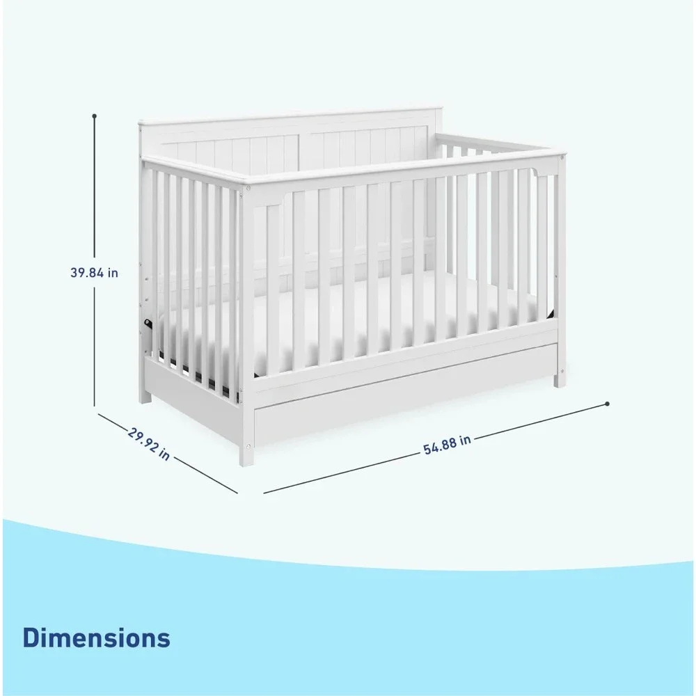 Cuna Convertible 5 en 1 con cajón, Combo de cajón, cajón de almacenamiento de guardería de tamaño completo, se convierte en cama para niños pequeños, cama de día