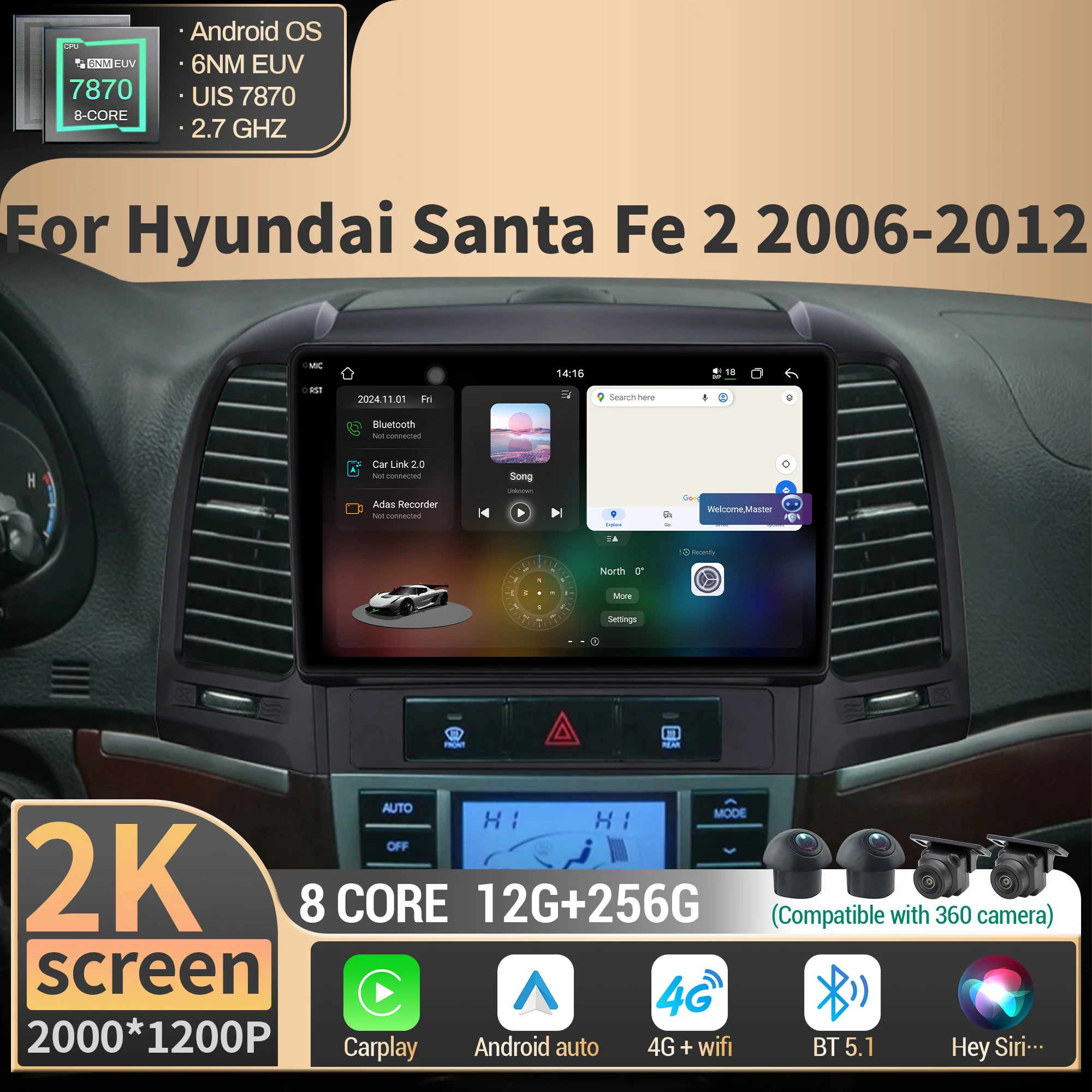 

Android 14 For Hyundai Santa Fe 2 2006-2012 Car Radio Multimedia Navigation Intelligent Carplay 4G GPS CPU 7870 2K QLED Screen