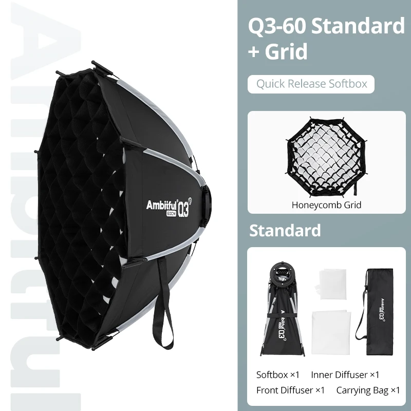Ambitful Q3-serie Q3-60 60cm softbox met snelsluiting, standaard Sa-Gd ring, geschikt voor Godox ML60, ML100, AD300Pro videoflitsers.