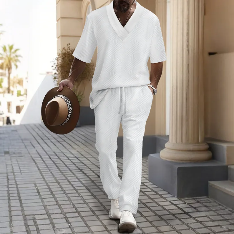 Men's Two Piece Set V-Neck Short Sleeve Top Long Pants Geometric Print Casual Daily Matching Outfit