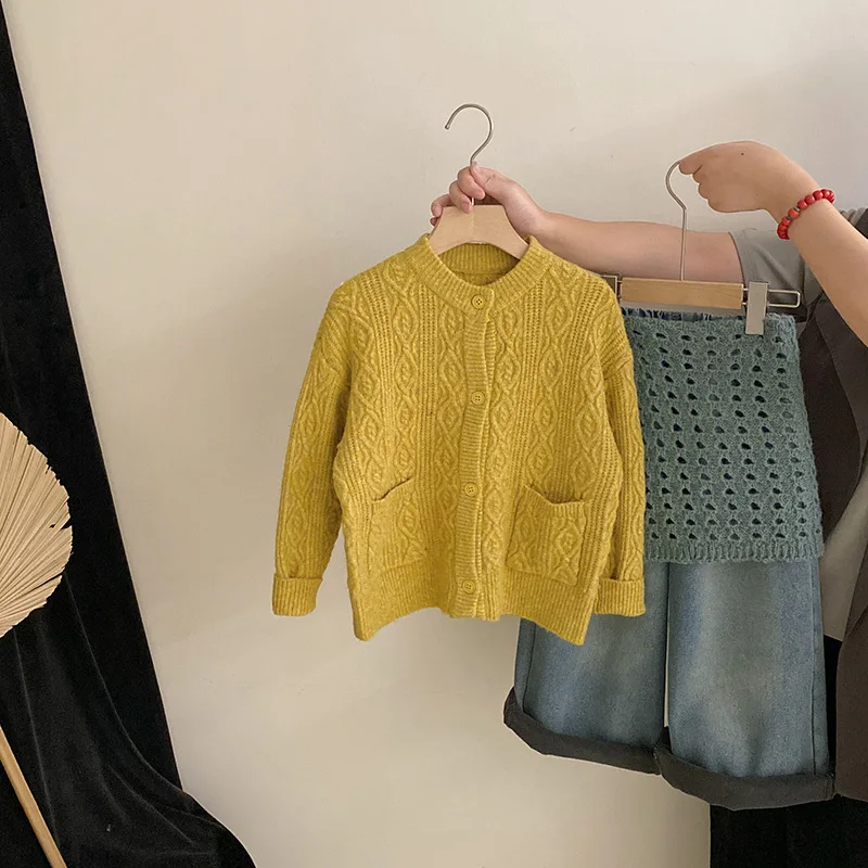 

Winter Kids Girl Suits Yellow Pockets Children Girl Sweater Cardigan Loose Plus Velvet Warm Little Girls Denim Pant Fart Curtain