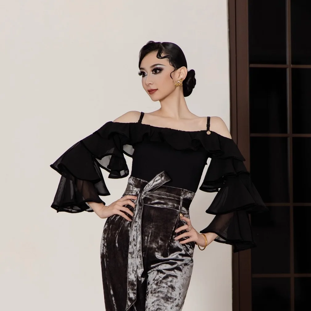 Roupas de dança moderna sexy malha fora do ombro plissado topo chacha tango valsa latina trajes prática dança de salão usar dn22223