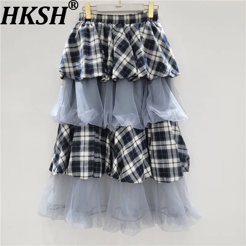 

HKSH Autumn New Women Sweet Chic Skirt Plaid Patchwork Mesh Pleated Layered A-line High Street Elegant Fashion Y2K Skirts HK9501