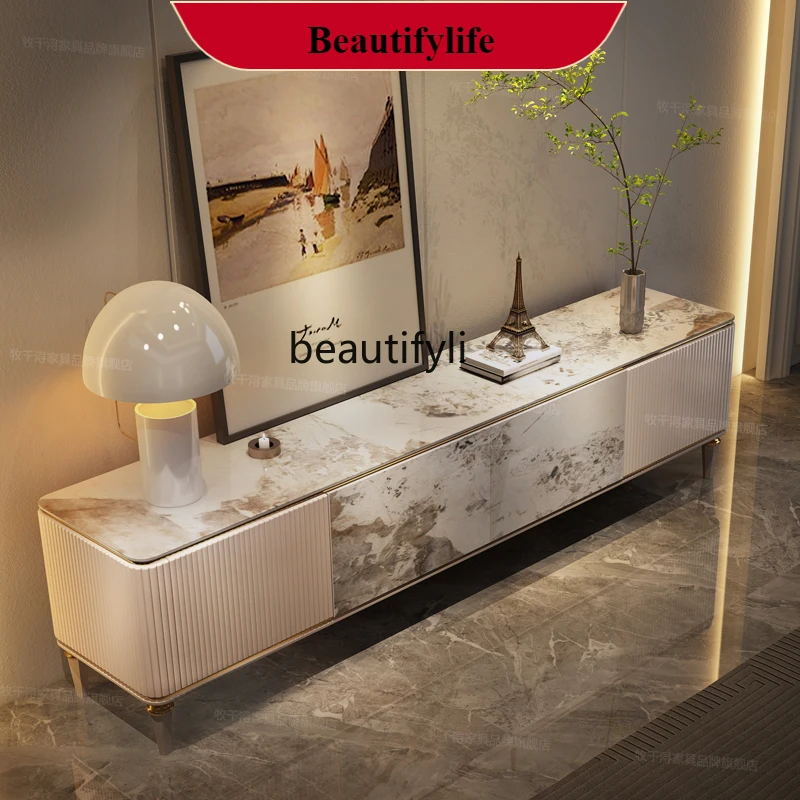 

G1218 French Retro TV Cabinet and Coffee Table Set for Villa Living Room, Rock Slab Storage Floor Cabinet