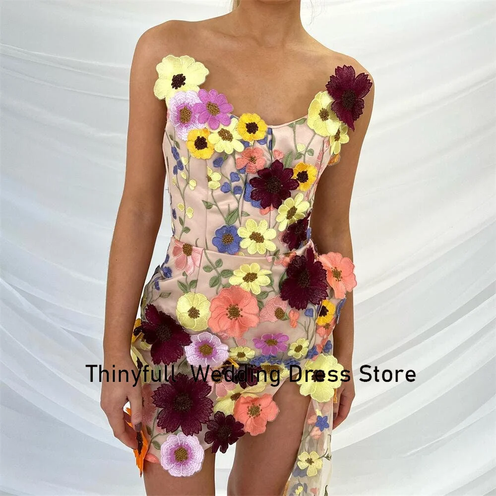 Thinyfull 3D Flowers Mermaid Short Prom Gown Sleeveless Strapless Evening Party Dress Formal Occasion Cocktail Dress Customized