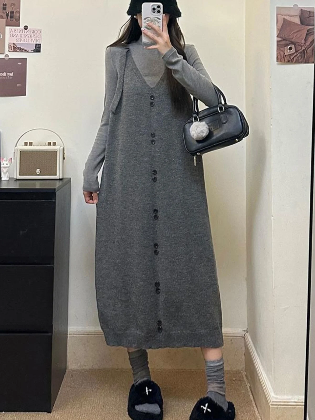 Plus size women clothing Bottoming Shirt Knitted Sling Dress Chubby Girl Advanced Retro V-neck Loose Slimming Long dress Set