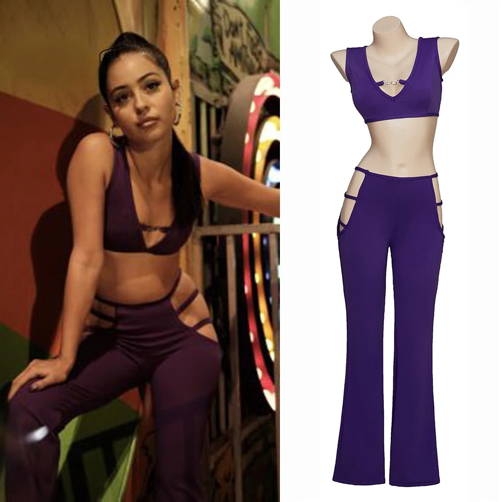 

Euphoria Maddy Cosplay Spring Summer Sexy Hollow Outfit Purple Black Crop Tank Top Bra Boot Cut Pants Slim Set Maddy Costume