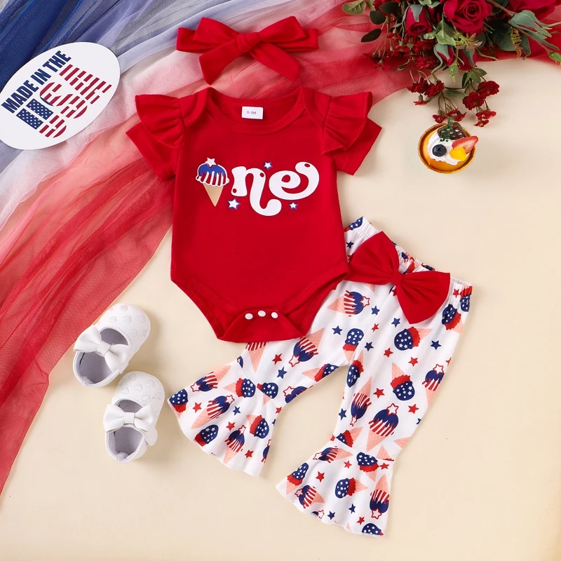 4th Fourth of July Baby Girl Outfit My First 4th of July One Ruffle Romper  Bell Bottoms Pants Clothes Set