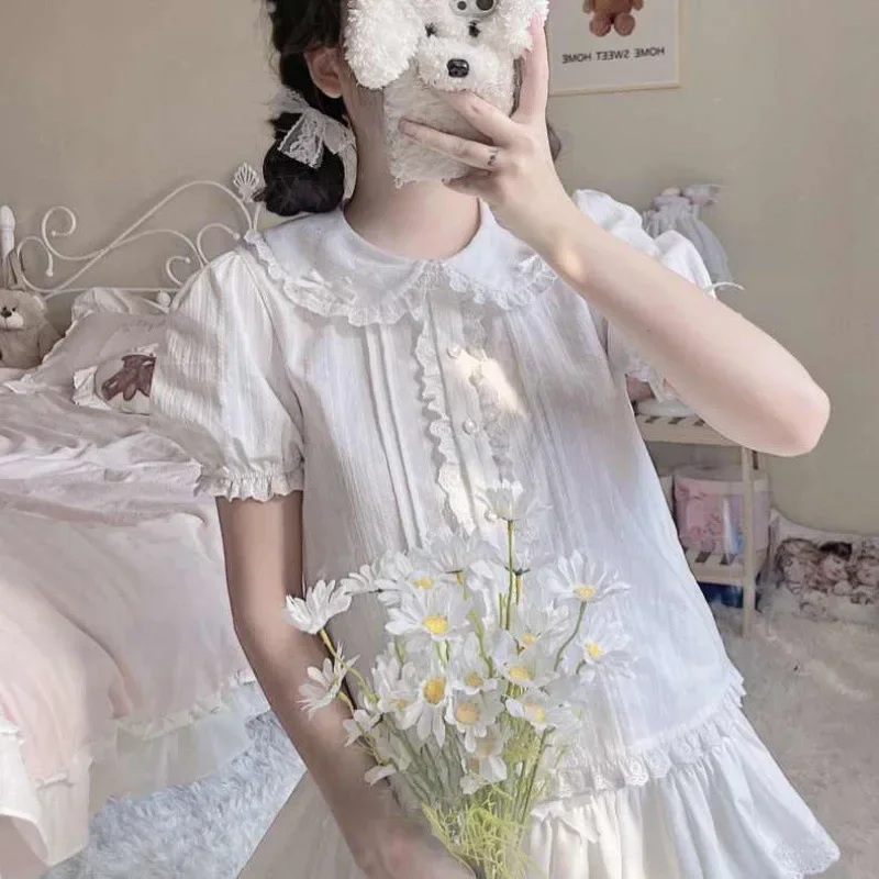 

2023 Summer Jk Shirts Women Kawaii Peter Pan Collar Japanese Style Lolita White Lace Mesh Blouse Student Top Daily Sweet Fashion