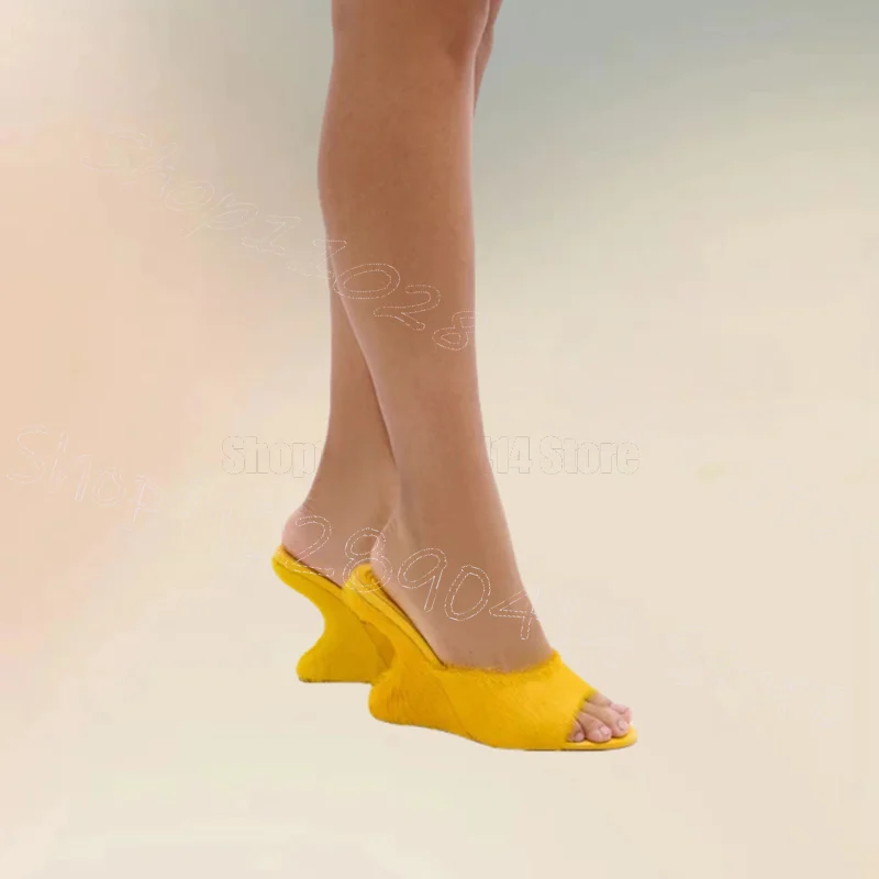 

Yellow Horsehair Strange Style Heels Slippers Slip On Women Shoes Open Toe Fashion Party Banquet Dating 2025 Zapatos Para Mujere