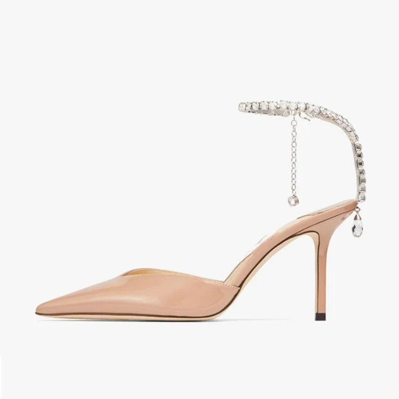 

Arden Furtado 2024 Summer Patent Leather Pointed toe Stilettos heels Diamond chain Party word-cingulate Closed toe Sandals