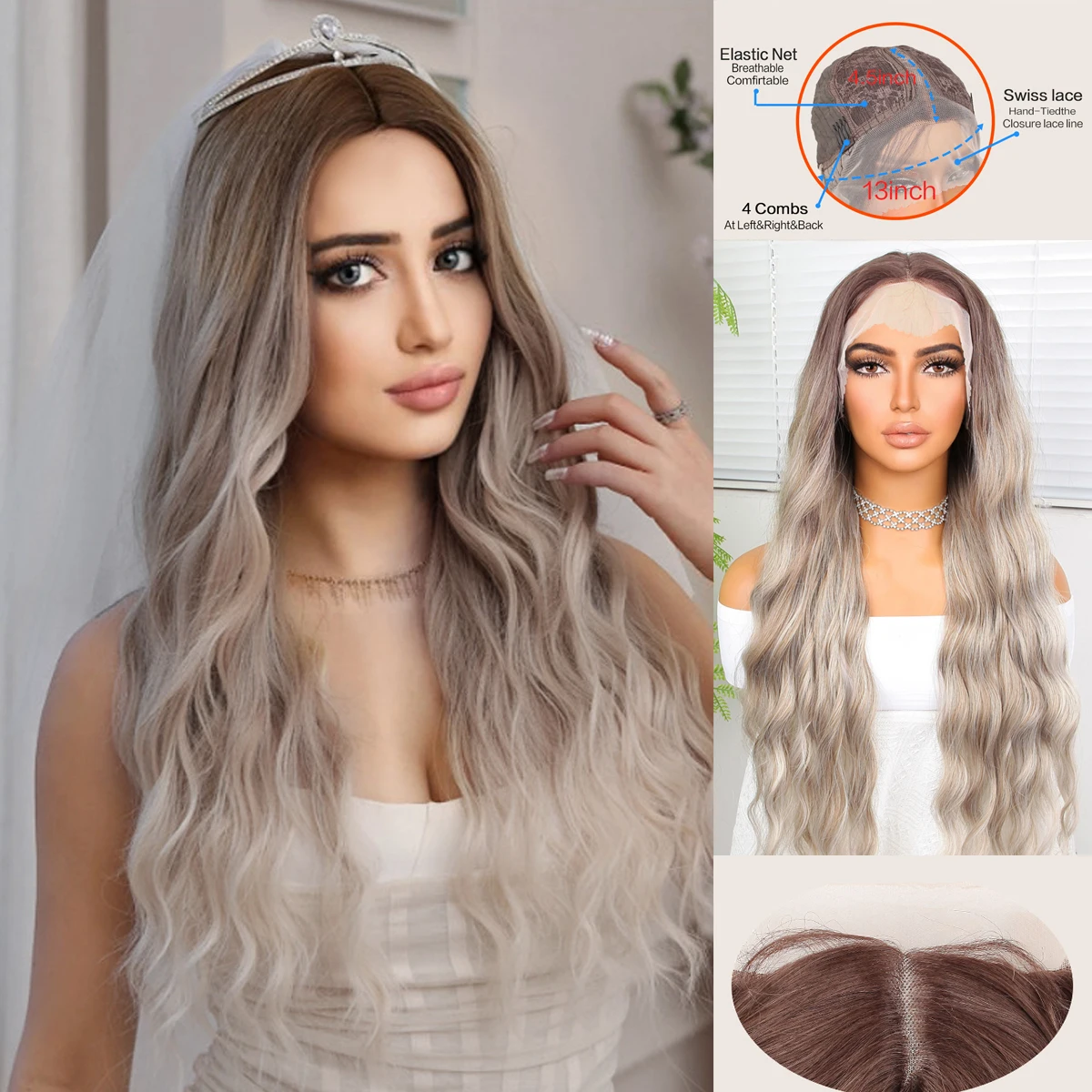 Ombre 28Inch Long Natural Wave 13*4.5 Synthetic Lace Front Wig Grey curly Wigs For Women Cosplay Daily Heat Resistant Fiber Hair