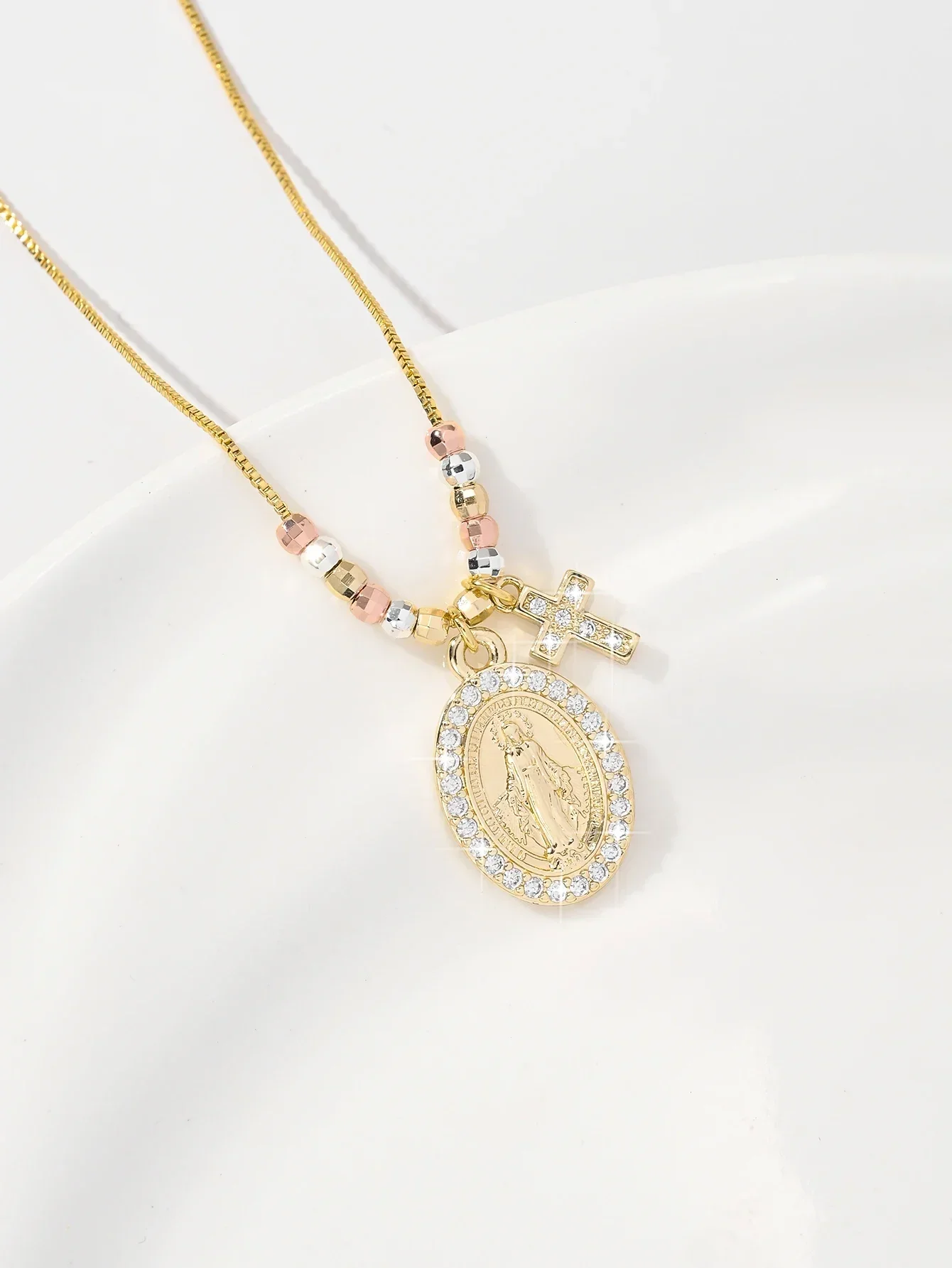 Virgin Mary Pendant Necklace, Catholic Medal Brass Zircon Our Lady of Guadalupe Chain, Miraculous Religious Gift for Women