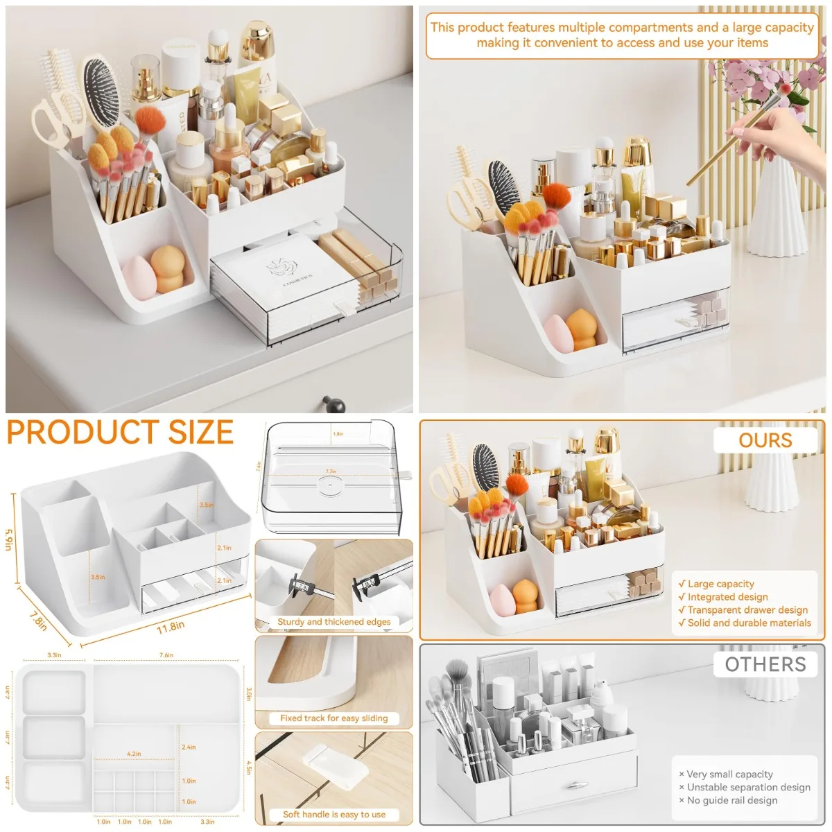 

White Makeup Organizer with Brush Holder, Large Plastic Cosmetic Storage with Drawers for Vanity, Dresser, or Bathroom
