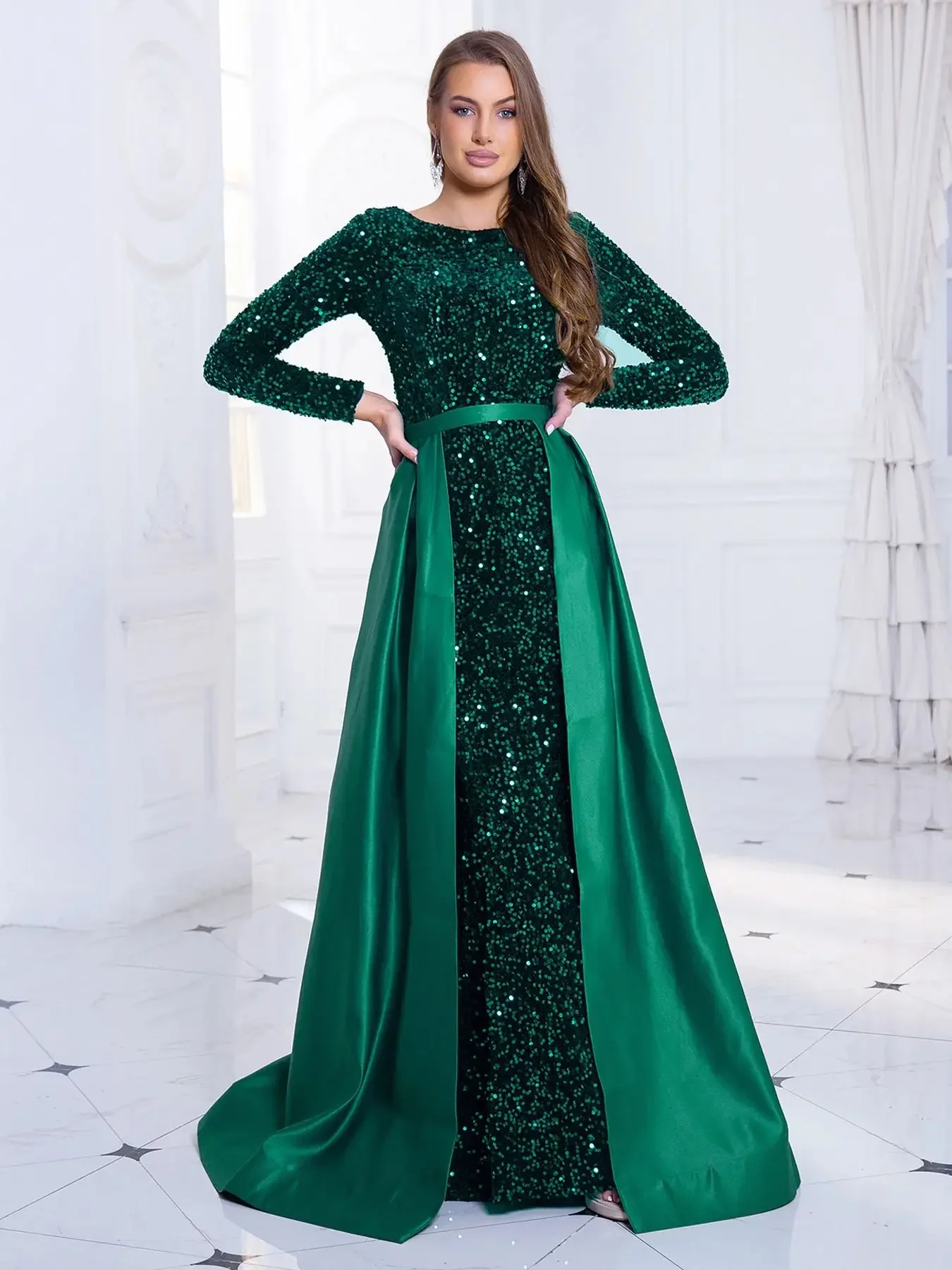 Long Sleeve O Neck Stretch Sequin Party Dress Floor Length Evening Night Prom Gown with Detachable Lace Up Skirt Green Black