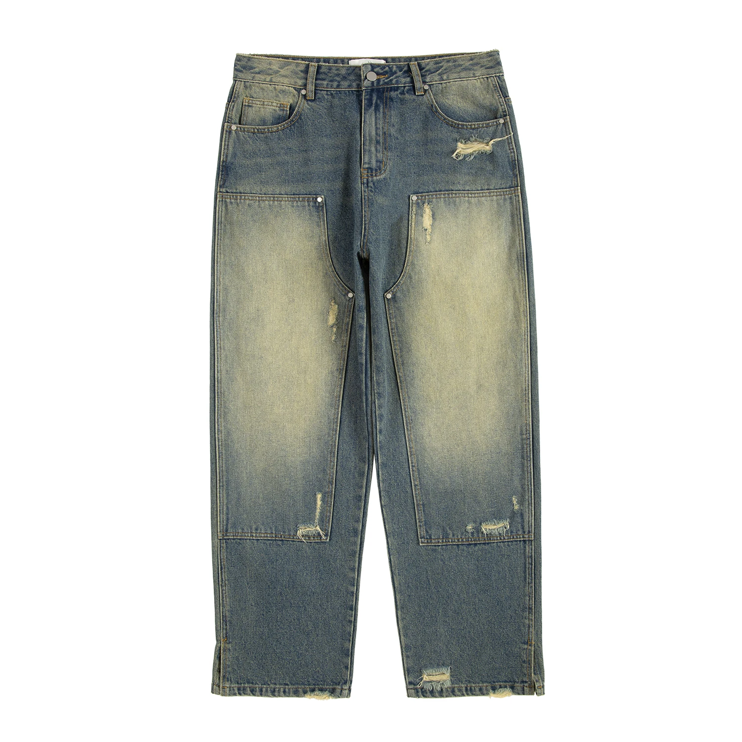 

Vintage Washed Hole Oversize Wide Leg Logging Jeans for Mens Blue Spray Painted Straight Mopping Pants Baggy Wide Denim Trousers