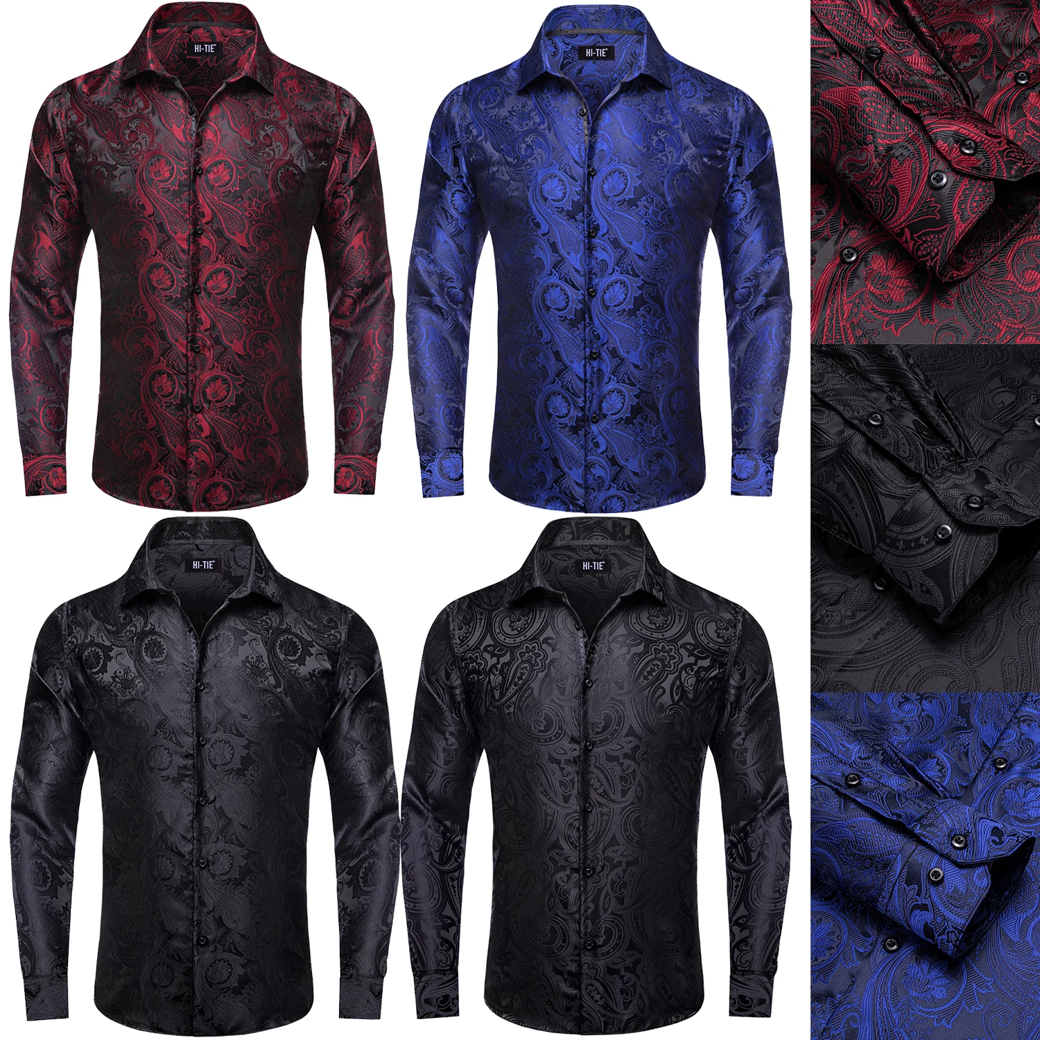 

Hi-Tie Black Burgundy Paisley Mens Shirts Long Sleeve Dress Shirt Blouse for Male Wedding Gift Party High Quality Jacquard