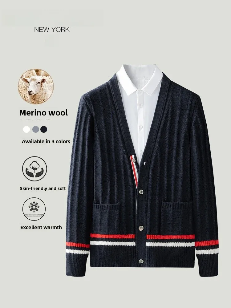 

Мужской шерстяной вязаный свитер с горизонтальными полосками, повседневный кардиган на весну-осень, верхняя одежда с длинными рукавами для дома, для мужчин среднего возраста